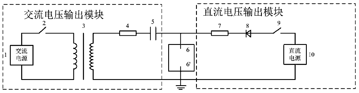 Direct current supporting capacitor testing device for outputting alternating current and direct current composite voltage