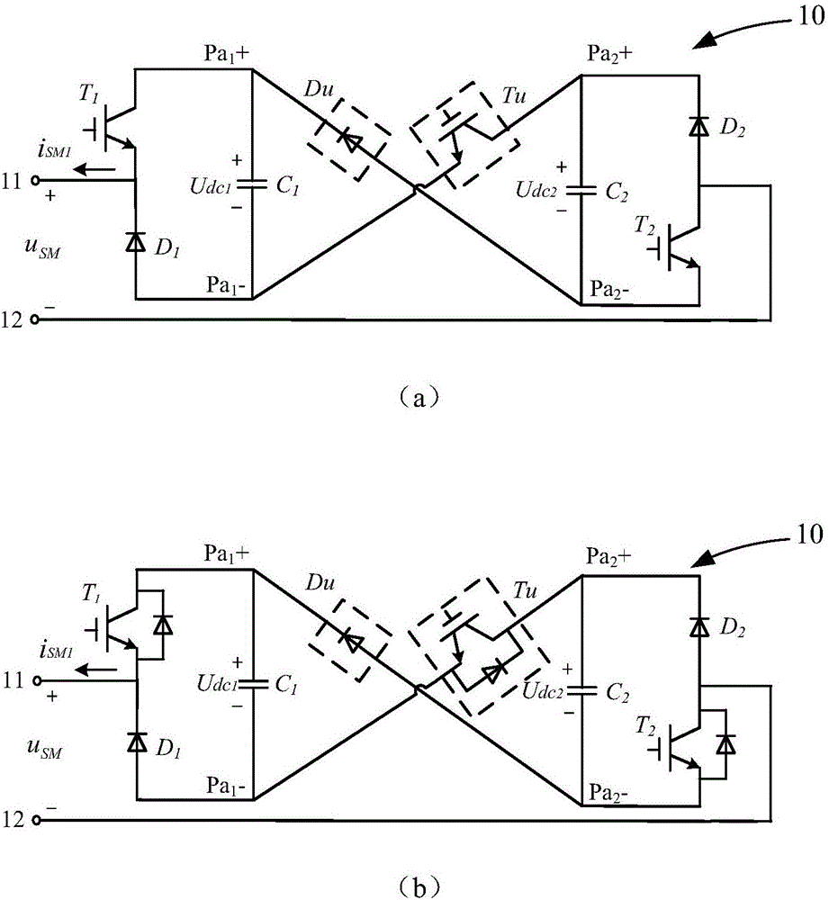 Unipolar current cross-connected three-level sub-module