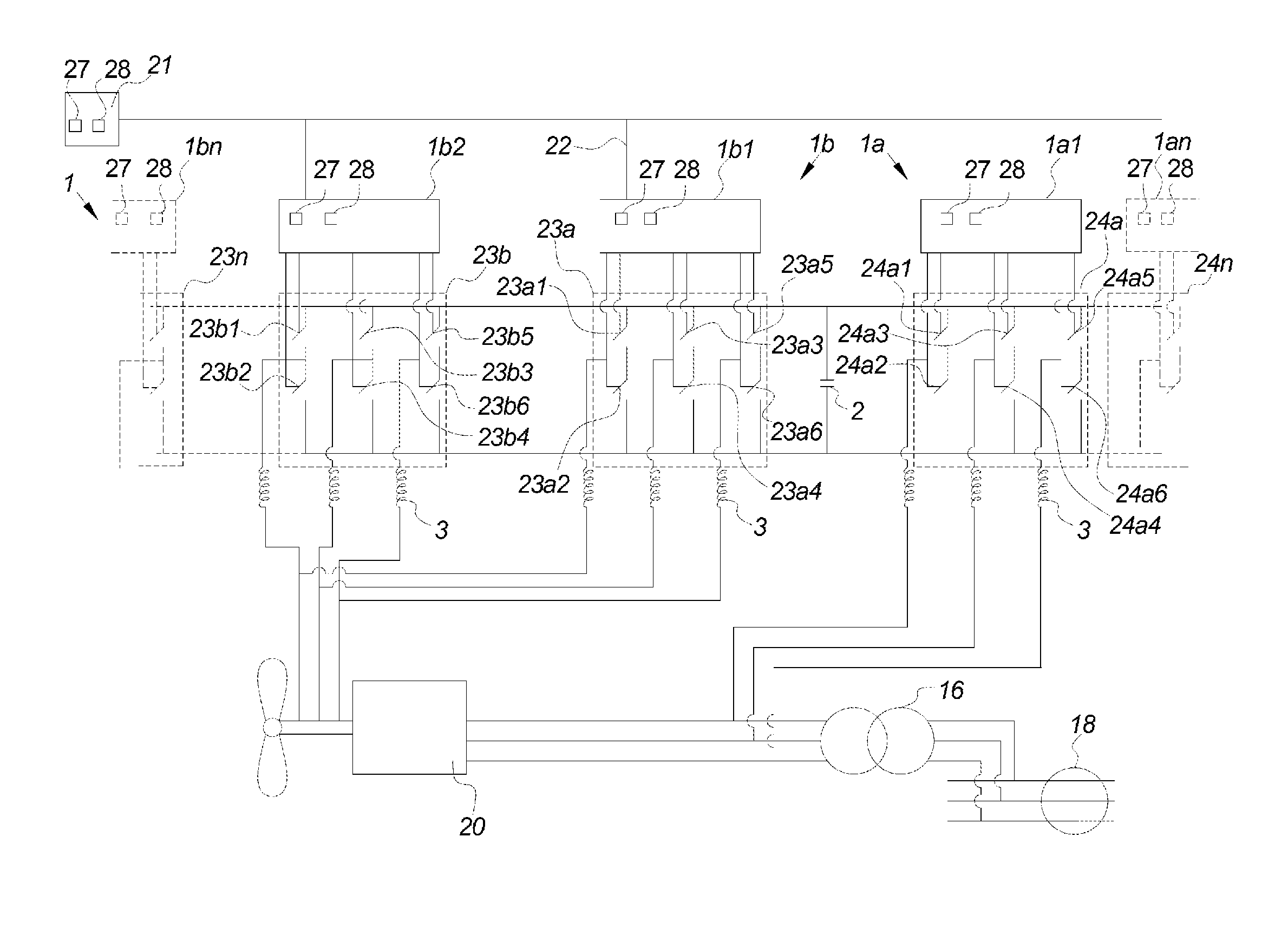 Control system for power stacks in a power converter, power converter with such control system and wind turbine with such power converter