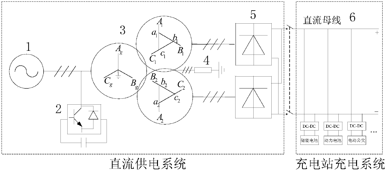 Direct-current power supply system applicable to pure electric bus charging stations and charging station thereof