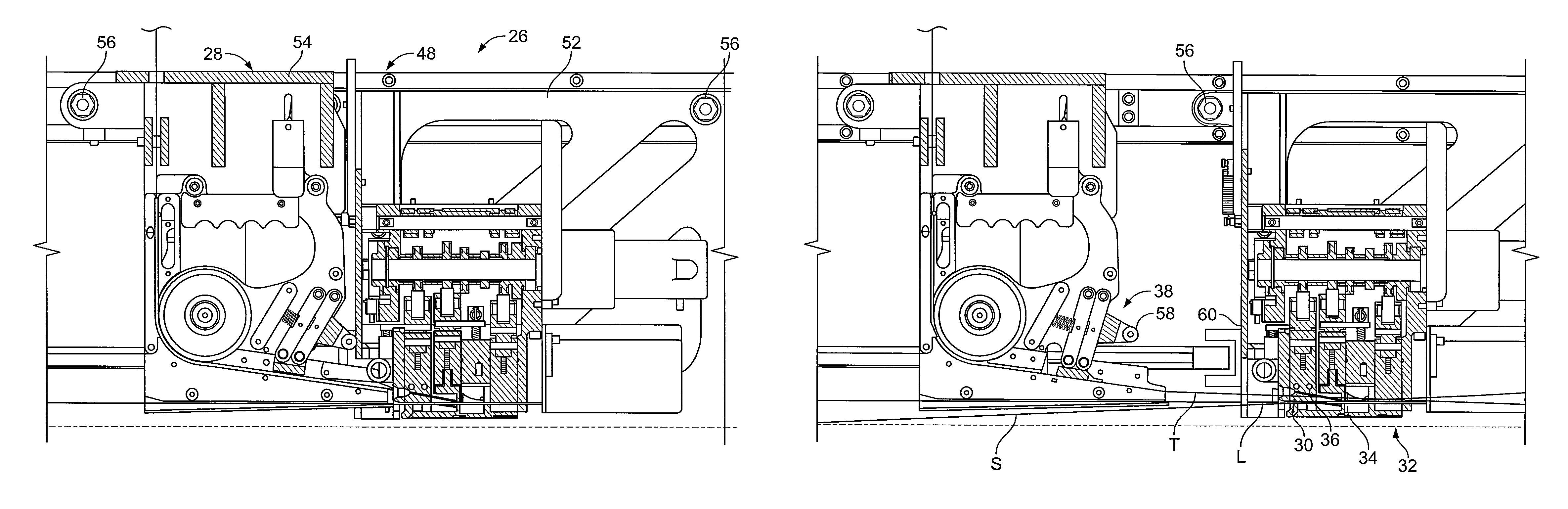 Strapping machine with improved tension, seal and feed arrangement