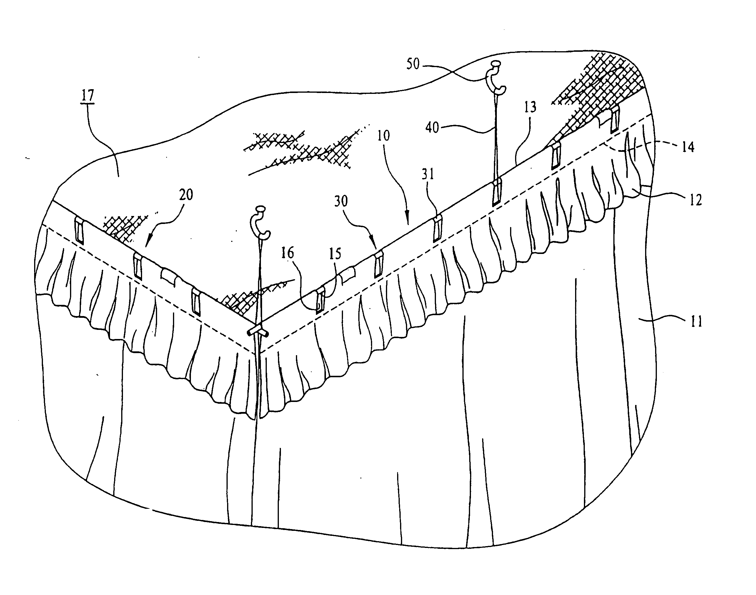 Mosquito net supporting frame structure and mosquito net arrangement