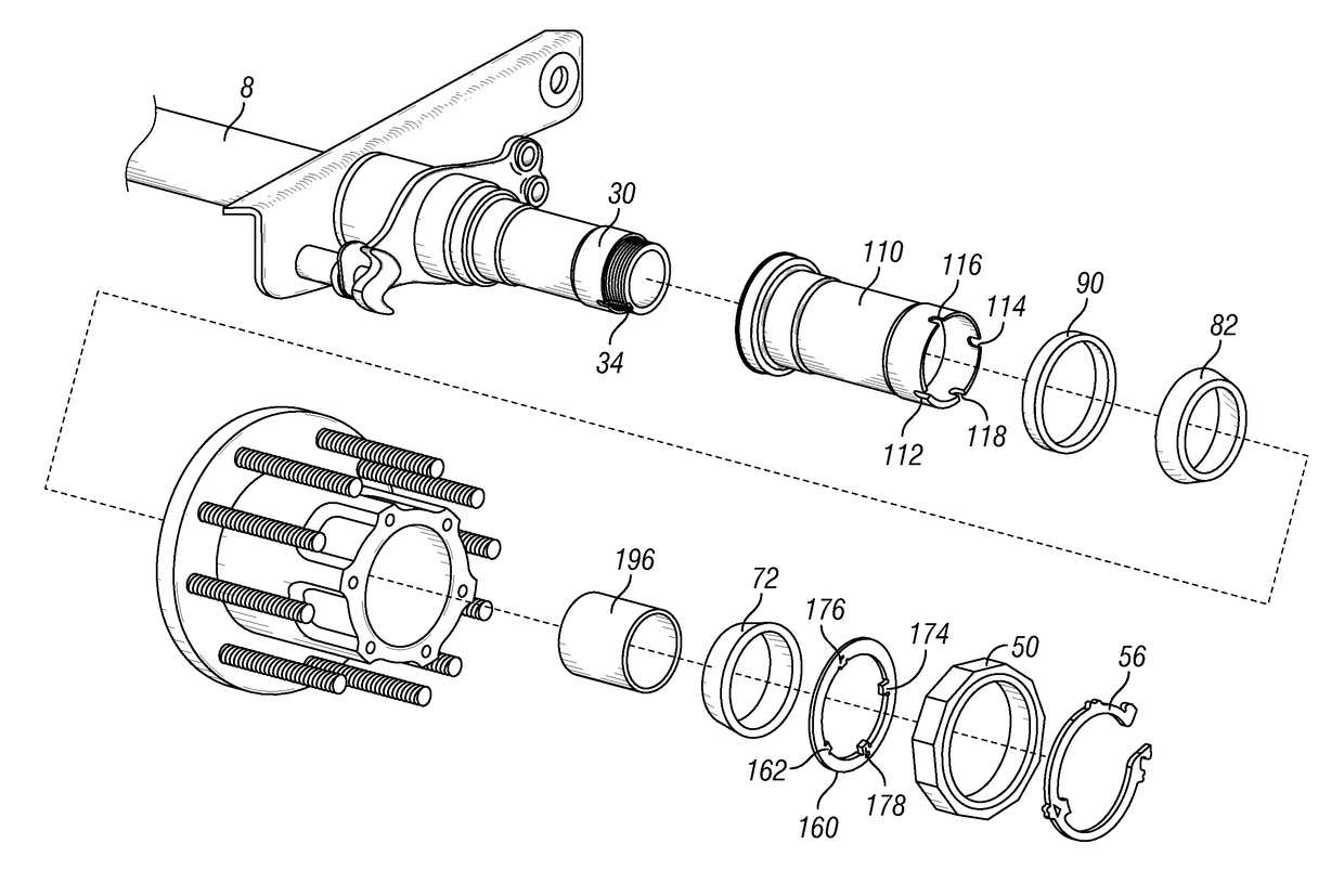 Spindle system for wheel alignment correction with brake adjustment