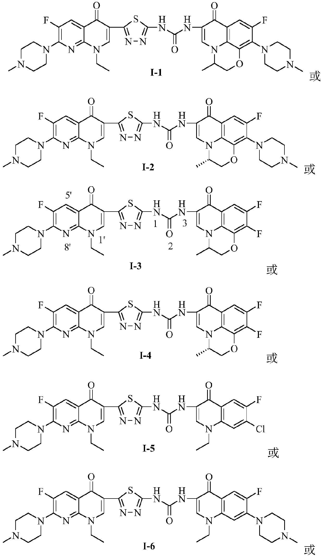 Preparation and application of bis-fluoroquinolone thiadiazole urea N-methyl enoxacin derivatives