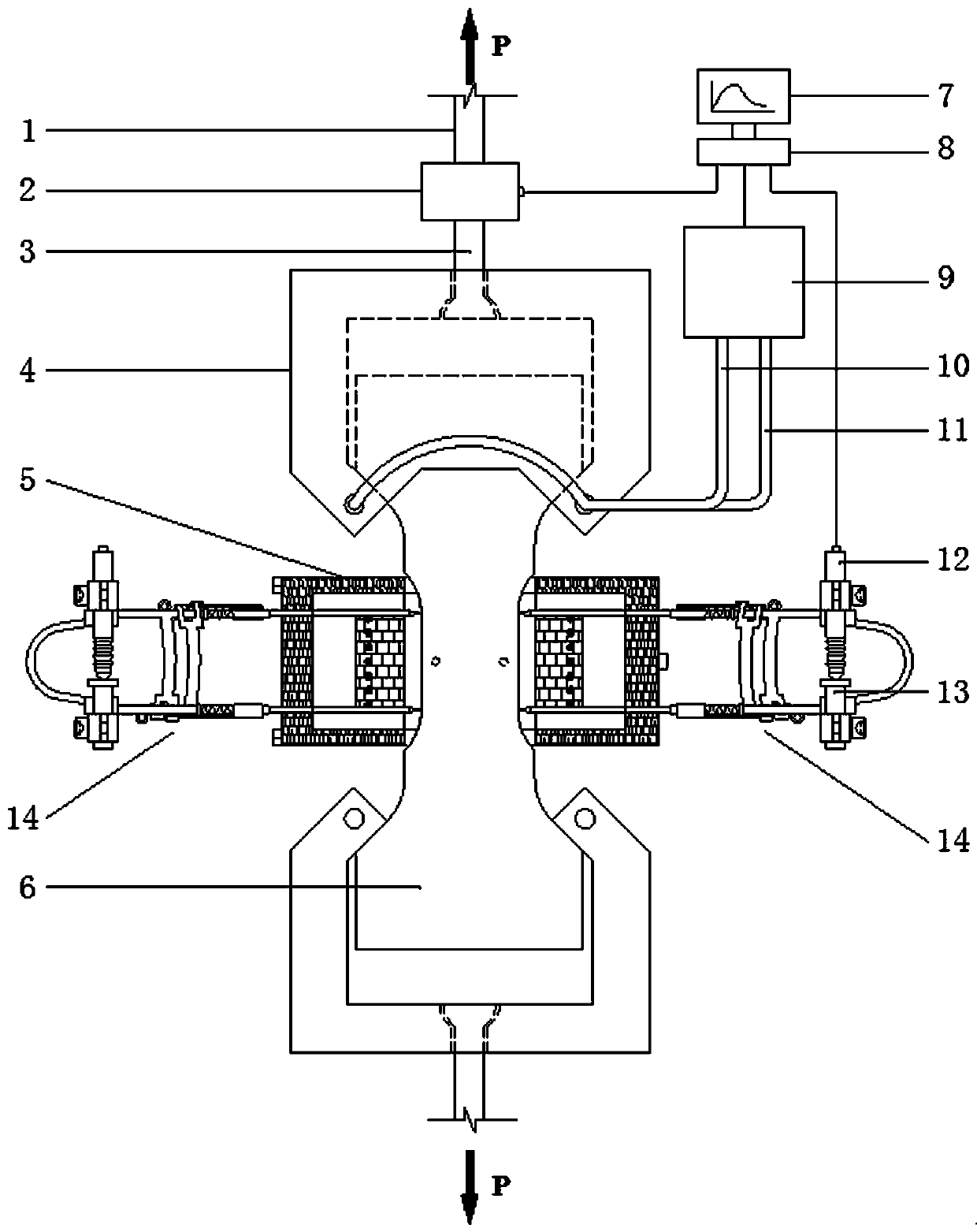 Concrete sample high-temperature tensile experiment device and fire simulation system thereof