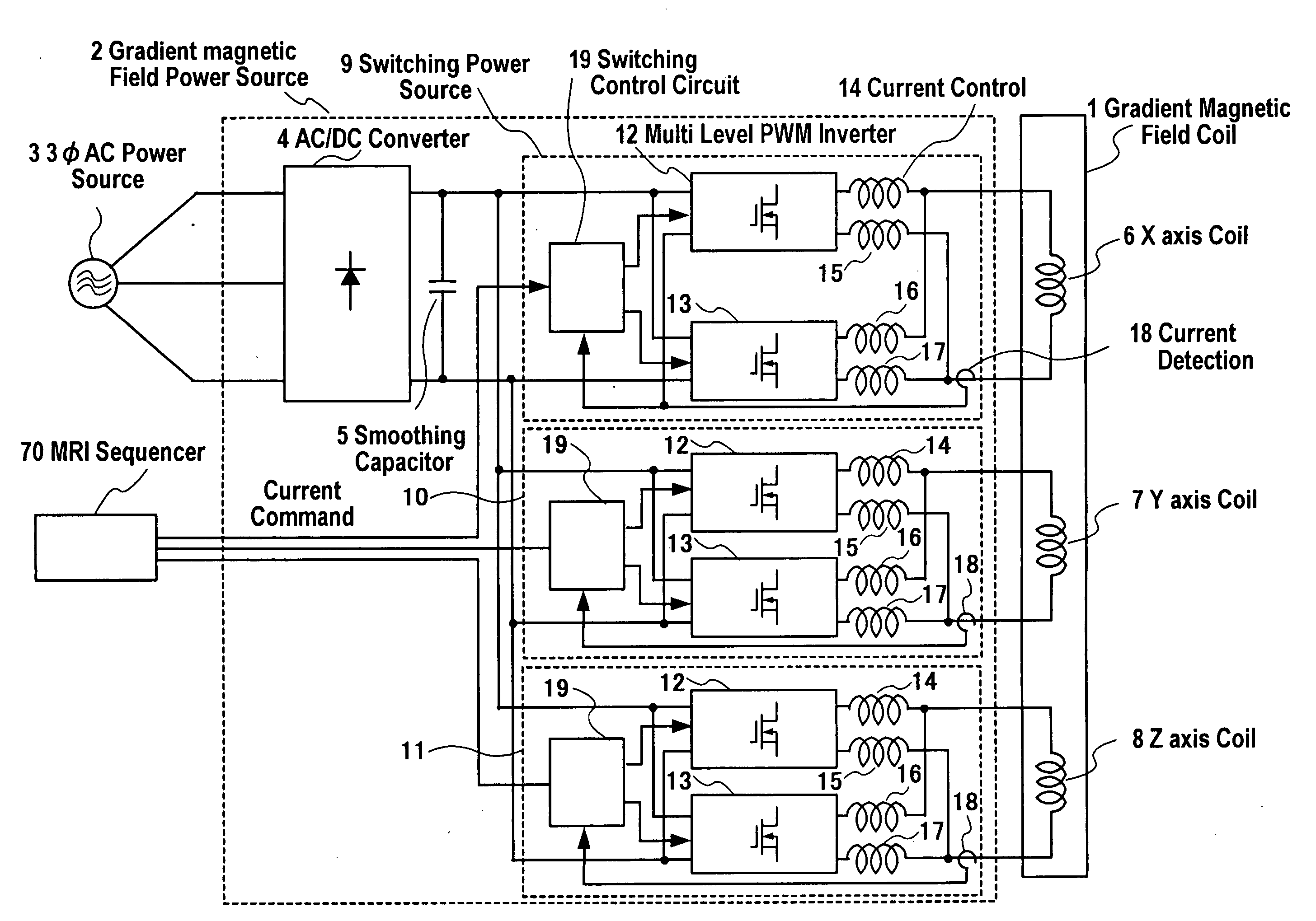 Switching type power source device and magnetio resonance imaging device using the same