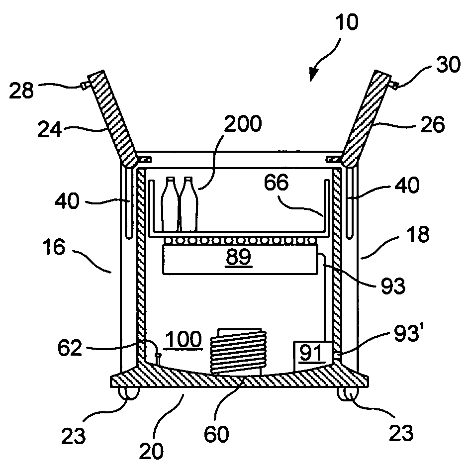 Refrigerated chest for rapidly quenching beverages and visually identifying when such beverages reach target temperature