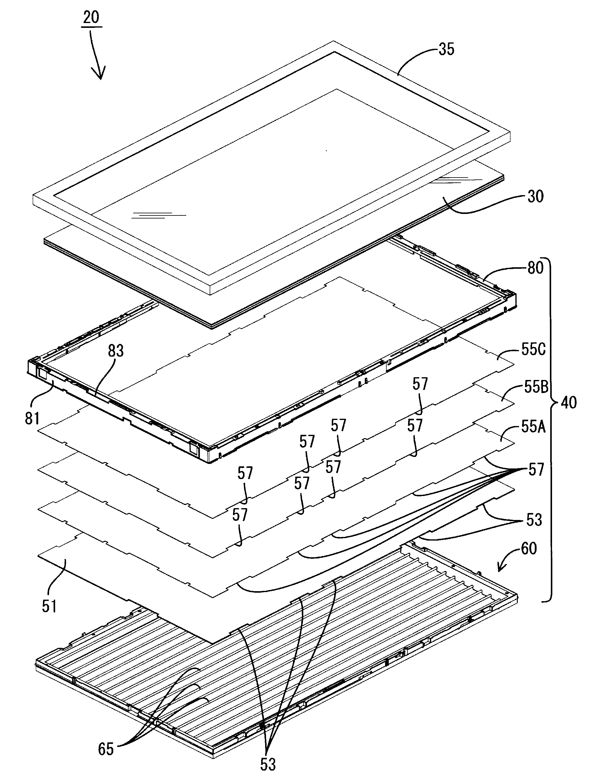 Optical-sheet supporting structure, lighting device and display device