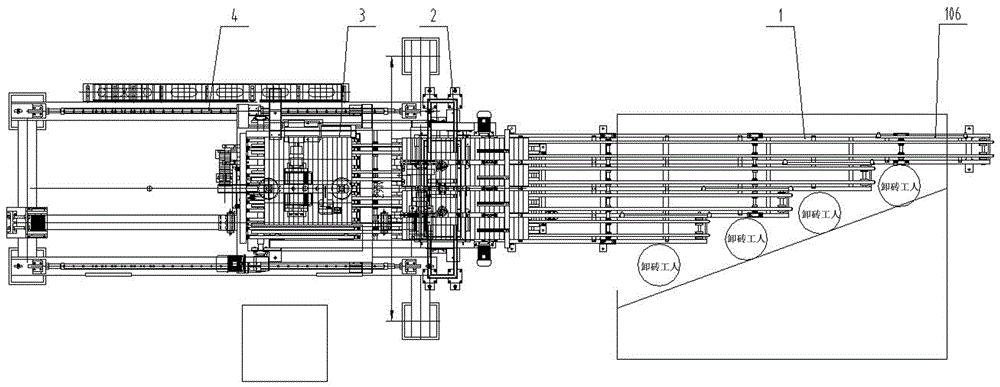 Semiautomatic brick unloading, grouping and stacking device and method for sintered bricks