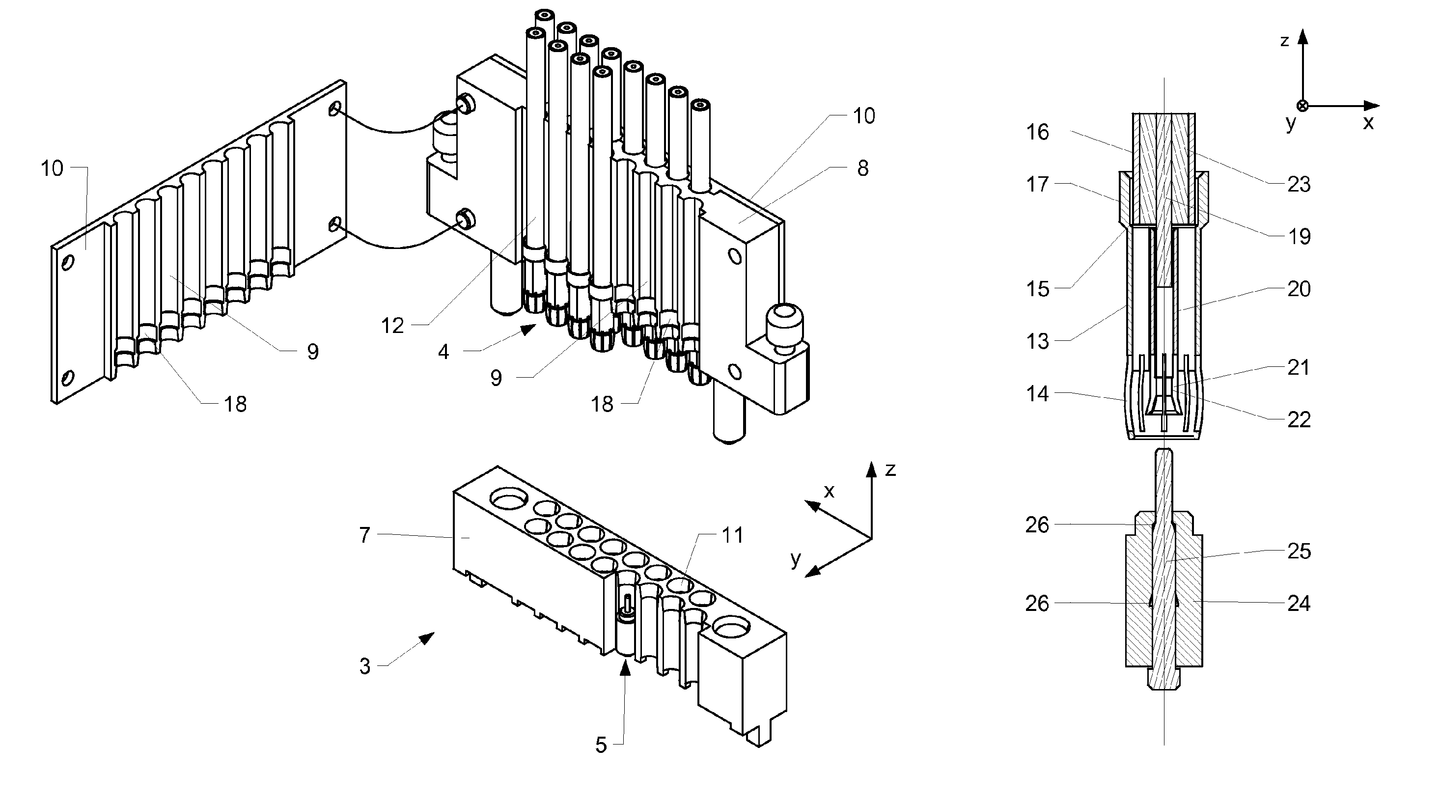 Connector banks arranged in parallel and floating manner