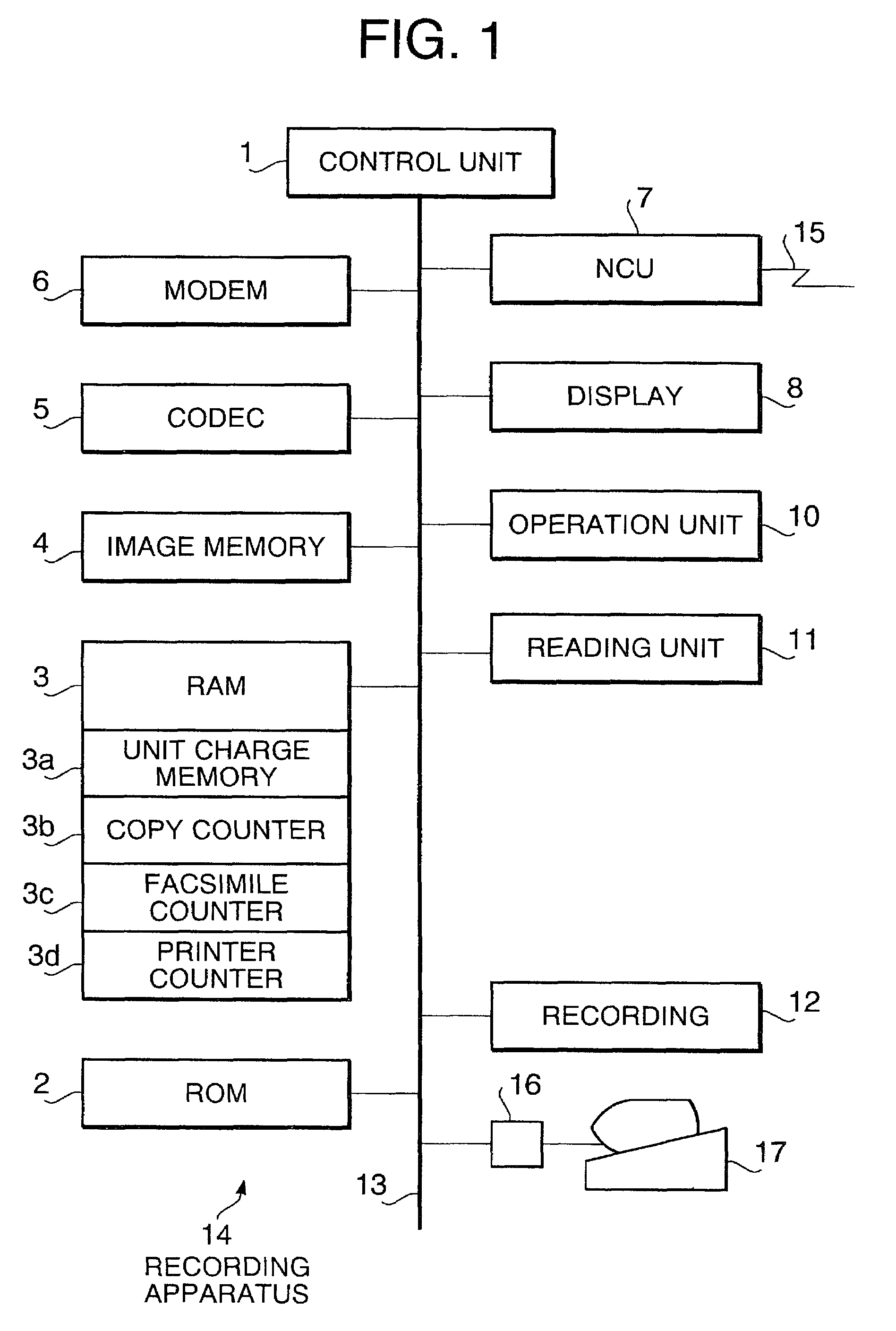 Recording apparatus with print function and copy function, including storing charges for each function