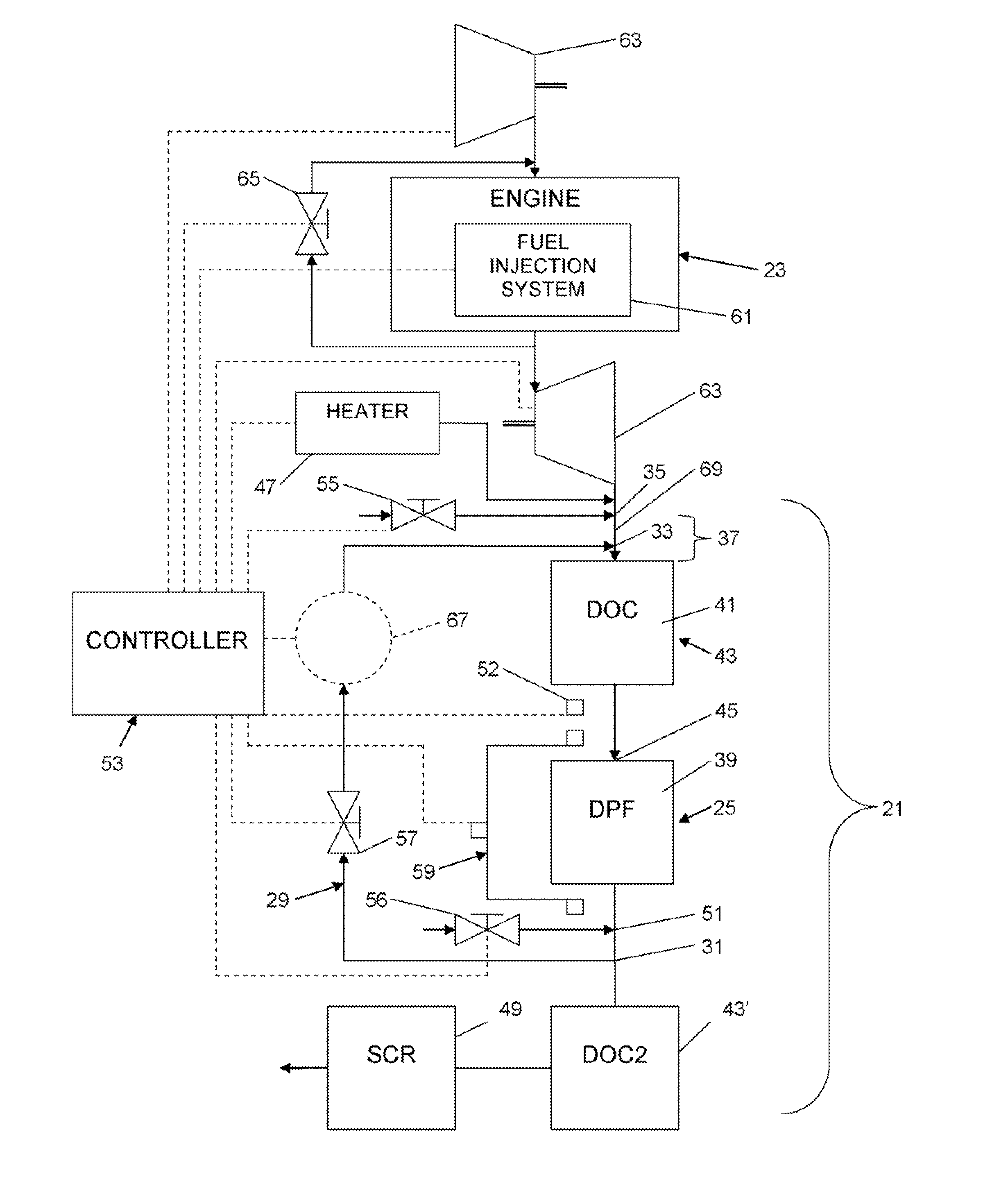 Method and apparatus for no2-based regeneration of diesel particulate filters using recirculated NOX