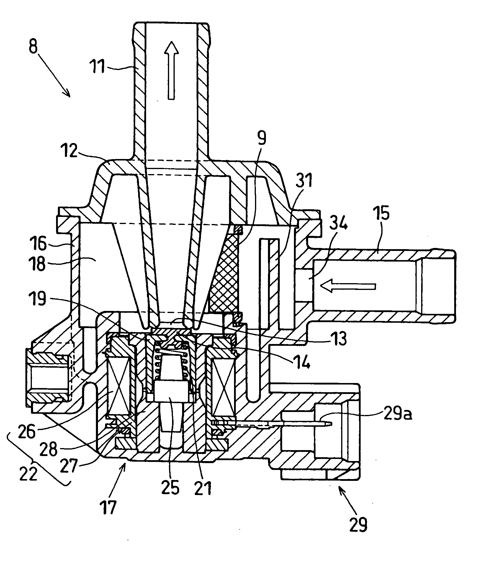 Valve device having barrier for suppressing transmission of pulsating waves