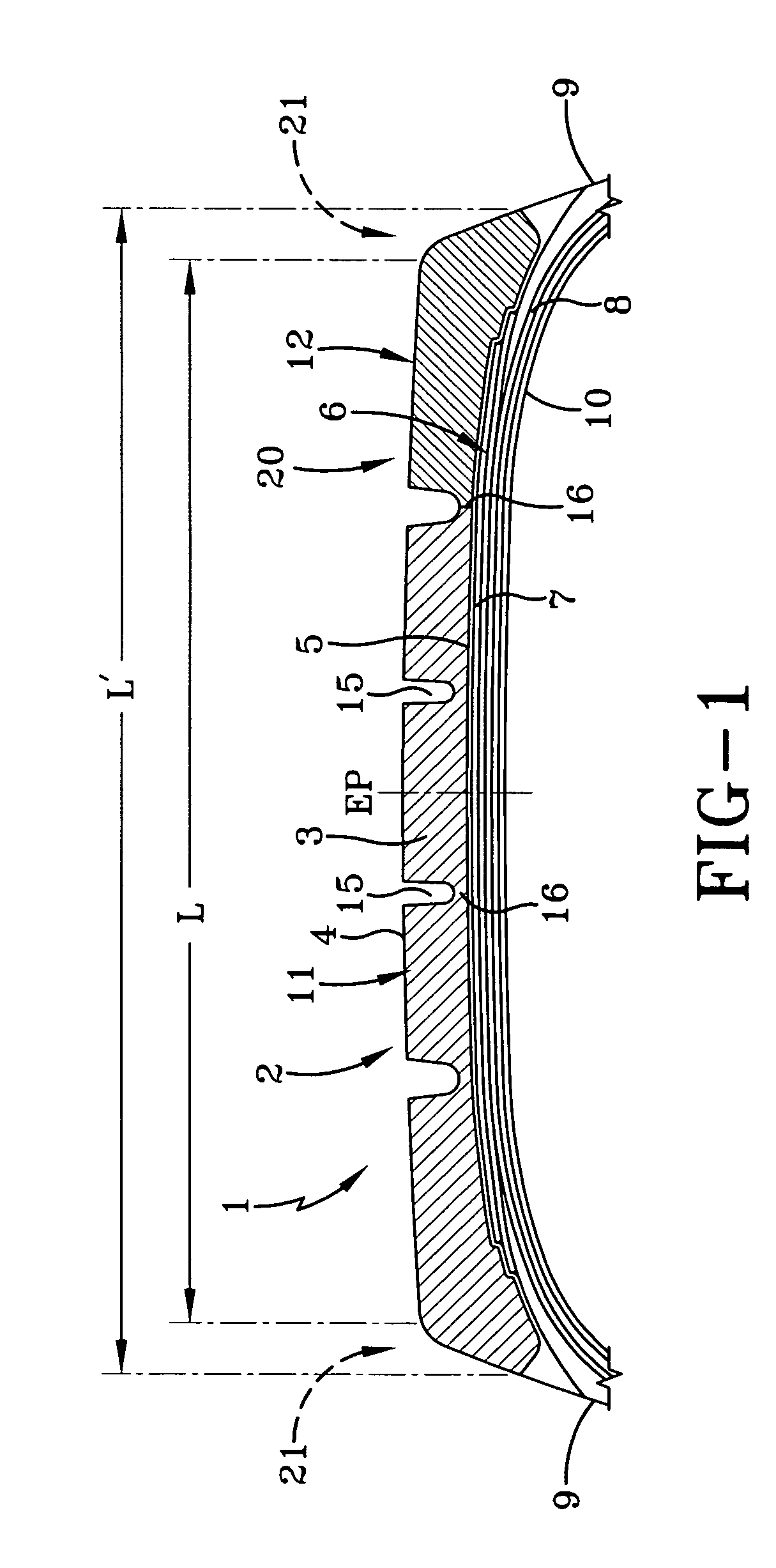 Tire with circumferential rubber tread having a lateral outboard control element