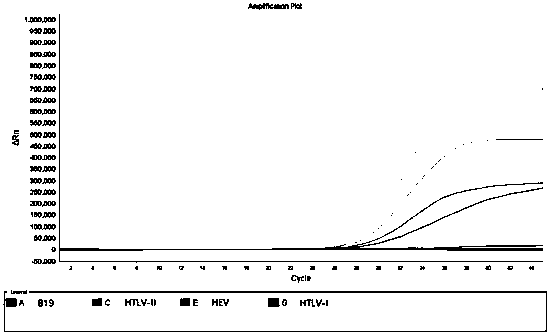 Quadruple fluorescent pcr rapid ultrasensitive detection kit for b19, htlv and hev and its application