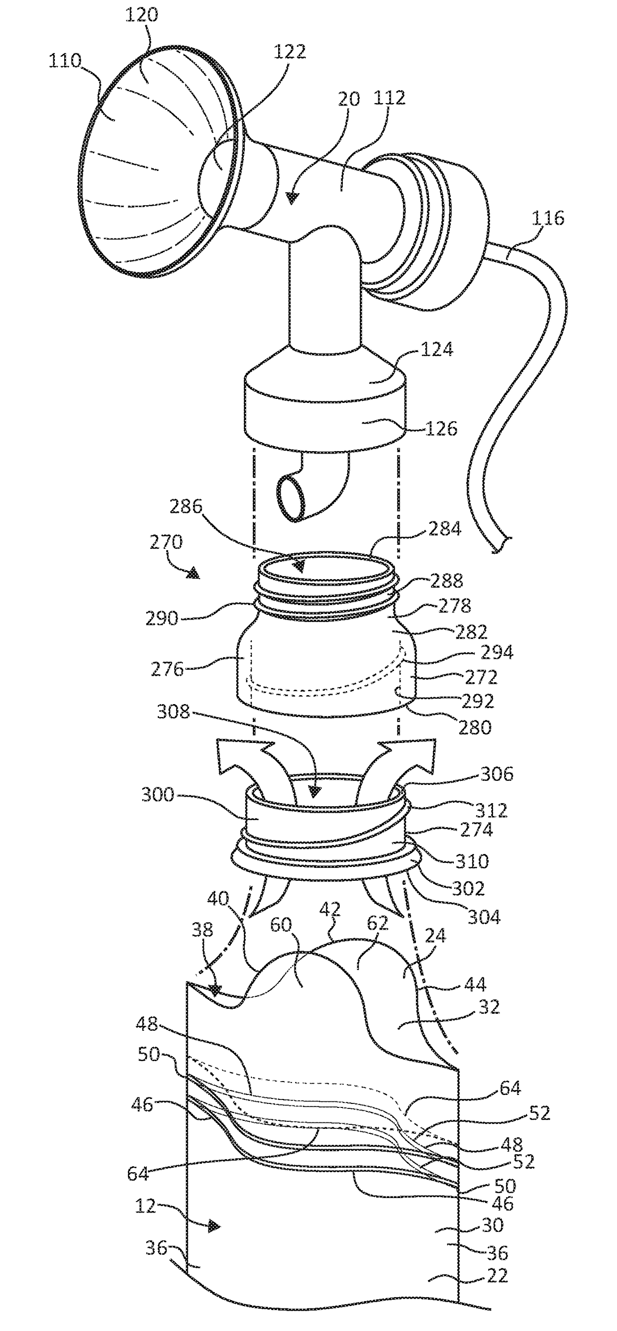 Breast milk collection system with bag attachment