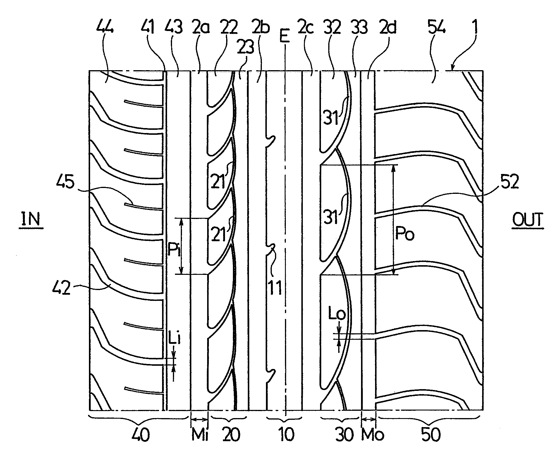 Pneumatic tire with tread having circumferential grooves and arcuate grooves