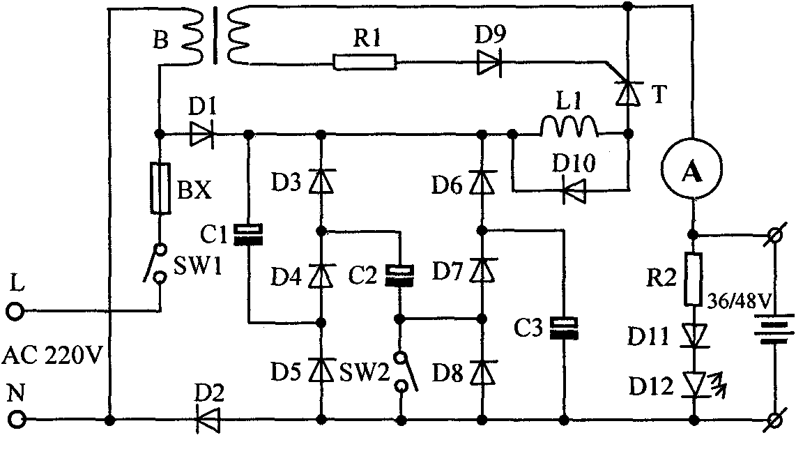 Electric vehicle battery vulcanization removing charging device manufactured by small-power power transformer