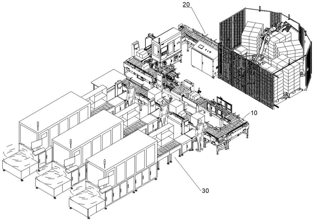 Automatic packaging, box sealing and stacking production line and control method thereof