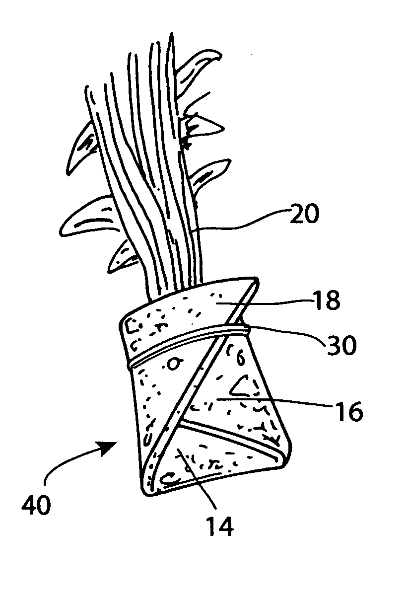 Triangular shaped flower stem wrap with outer plastic covering