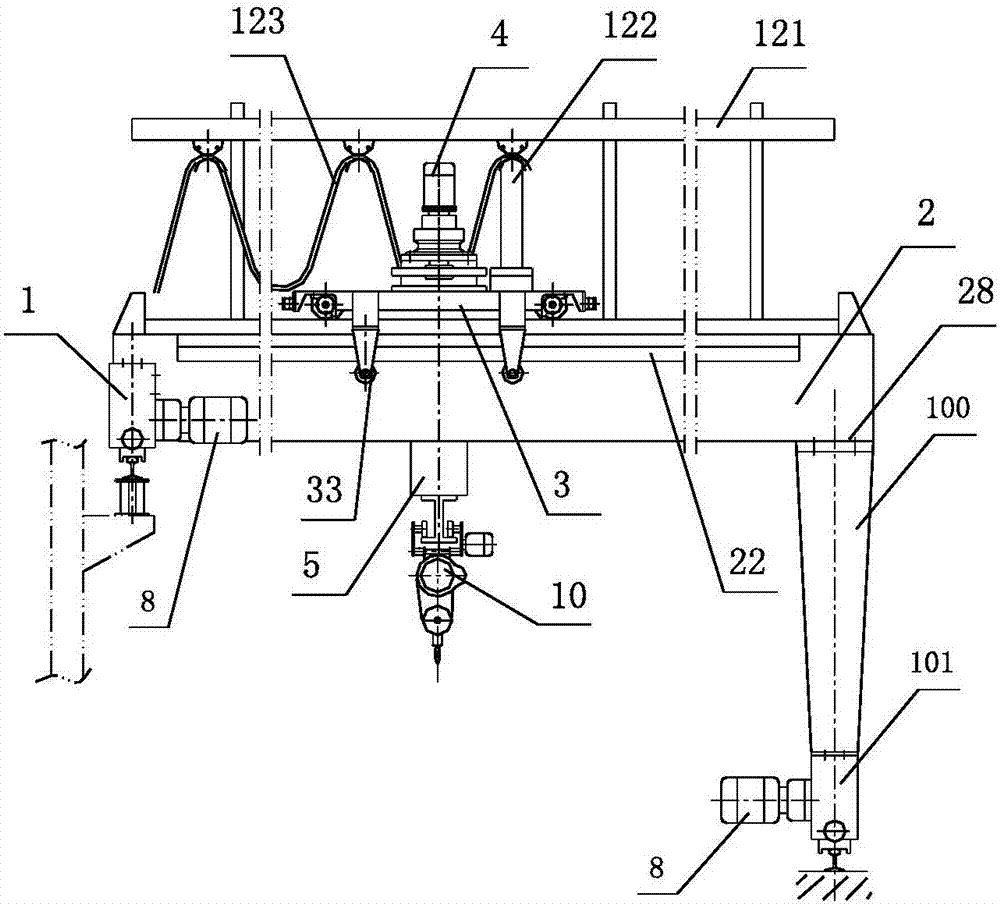 Semi-portal cantilever crane with reverse-rolling-wheel travelling trolley and exposed drive