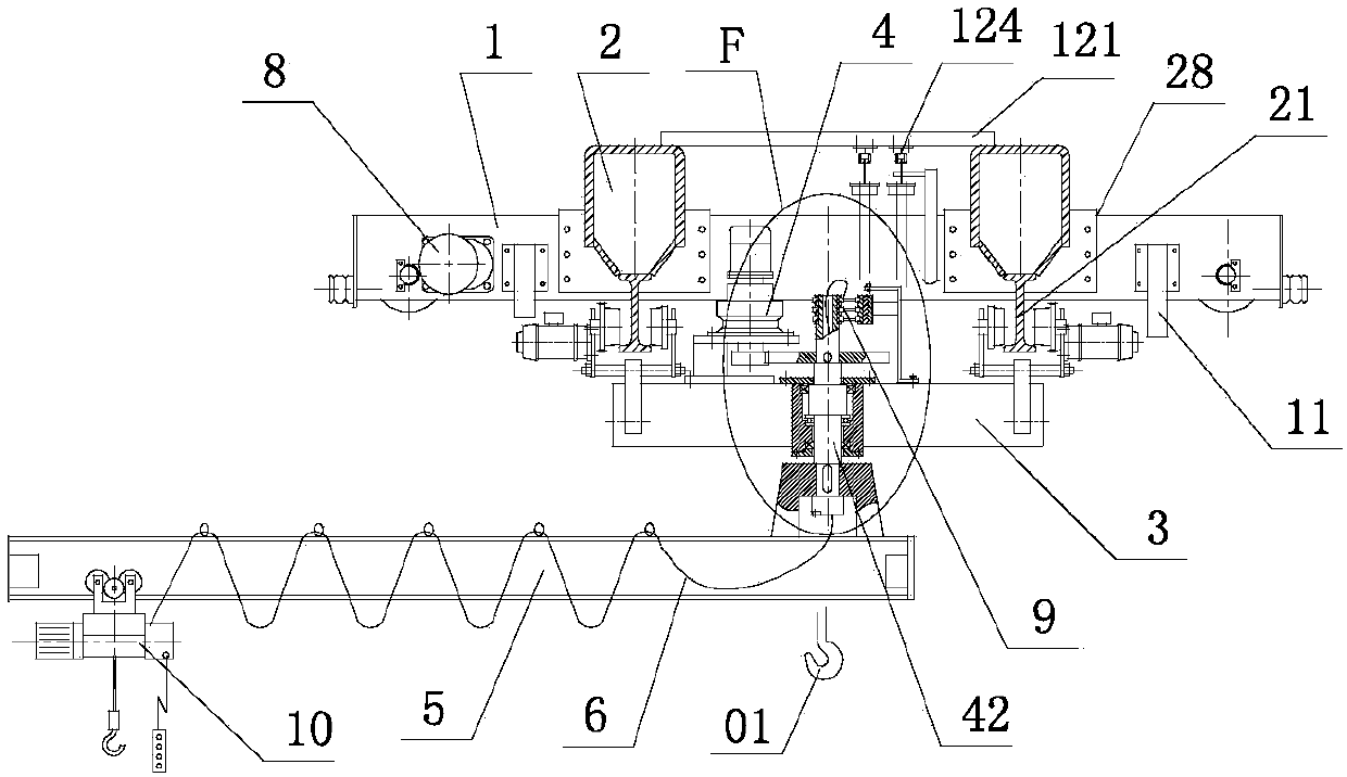 Crane provided with lifting trolley and suspension trolley and capable of rotating at any angle