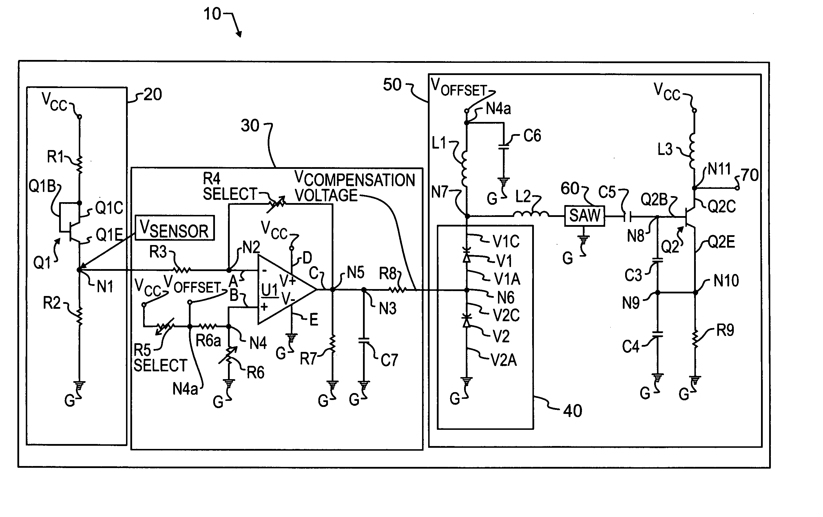 Temperature compensation circuit for a surface acoustic wave oscillator