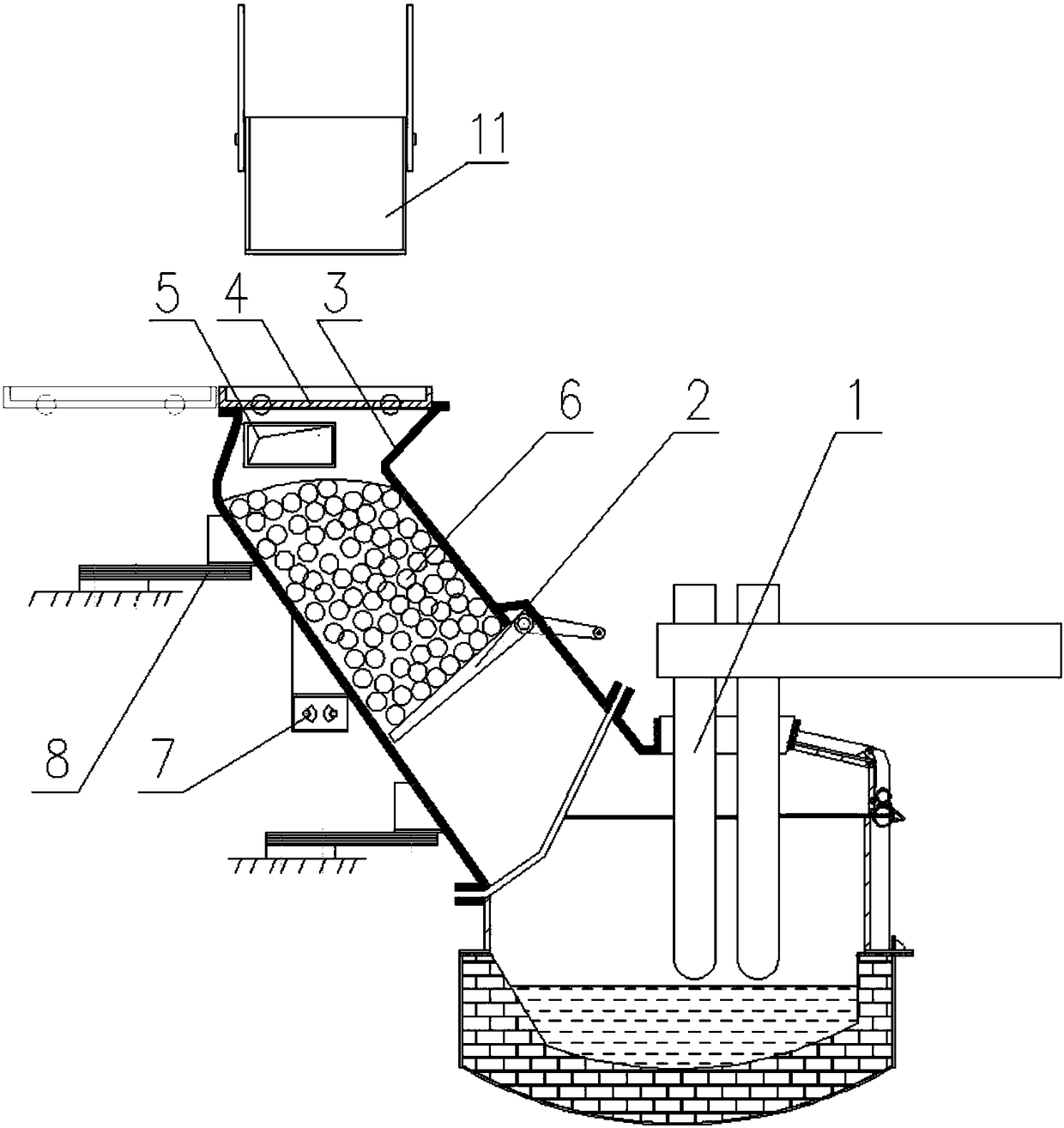 An electric arc furnace anti-shock baffle feeding scrap steel preheating chamber-dust removal structure