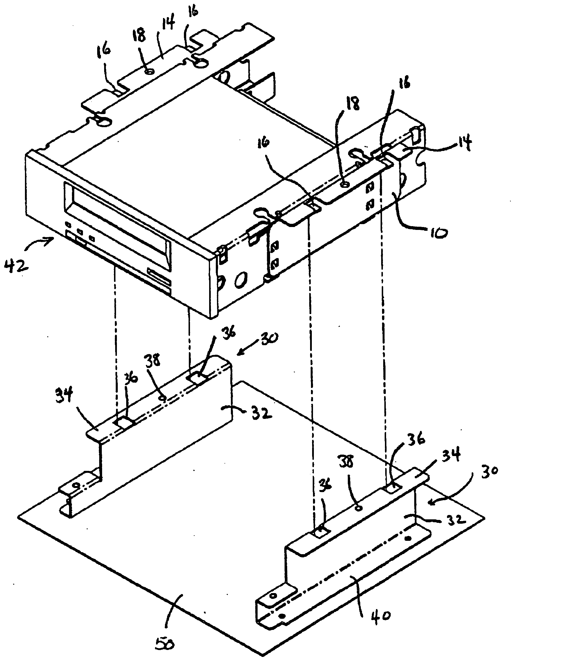 Computer peripheral device mounting arrangement with two locking elements