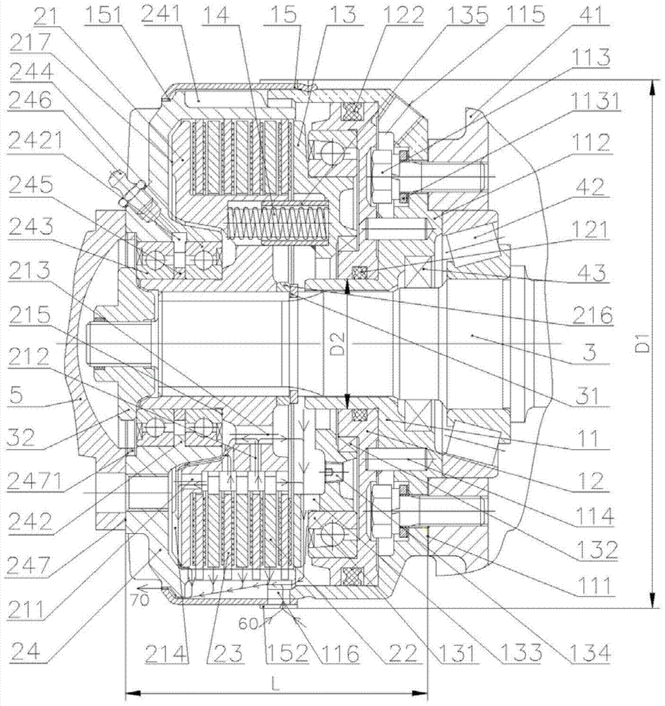 A pneumatic multi-disc friction clutch with fixed piston and cylinder