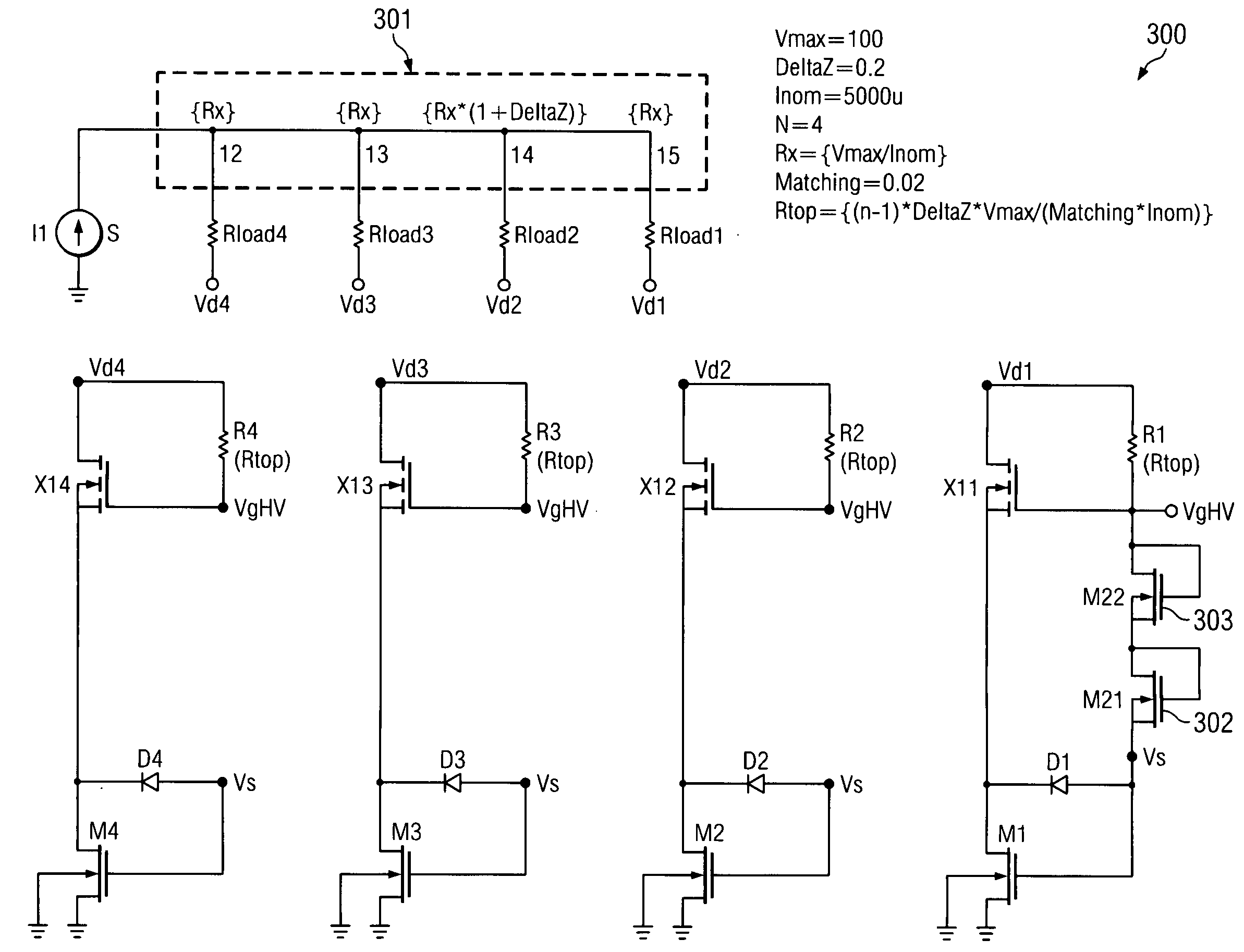 High voltage current splitter circuit and method