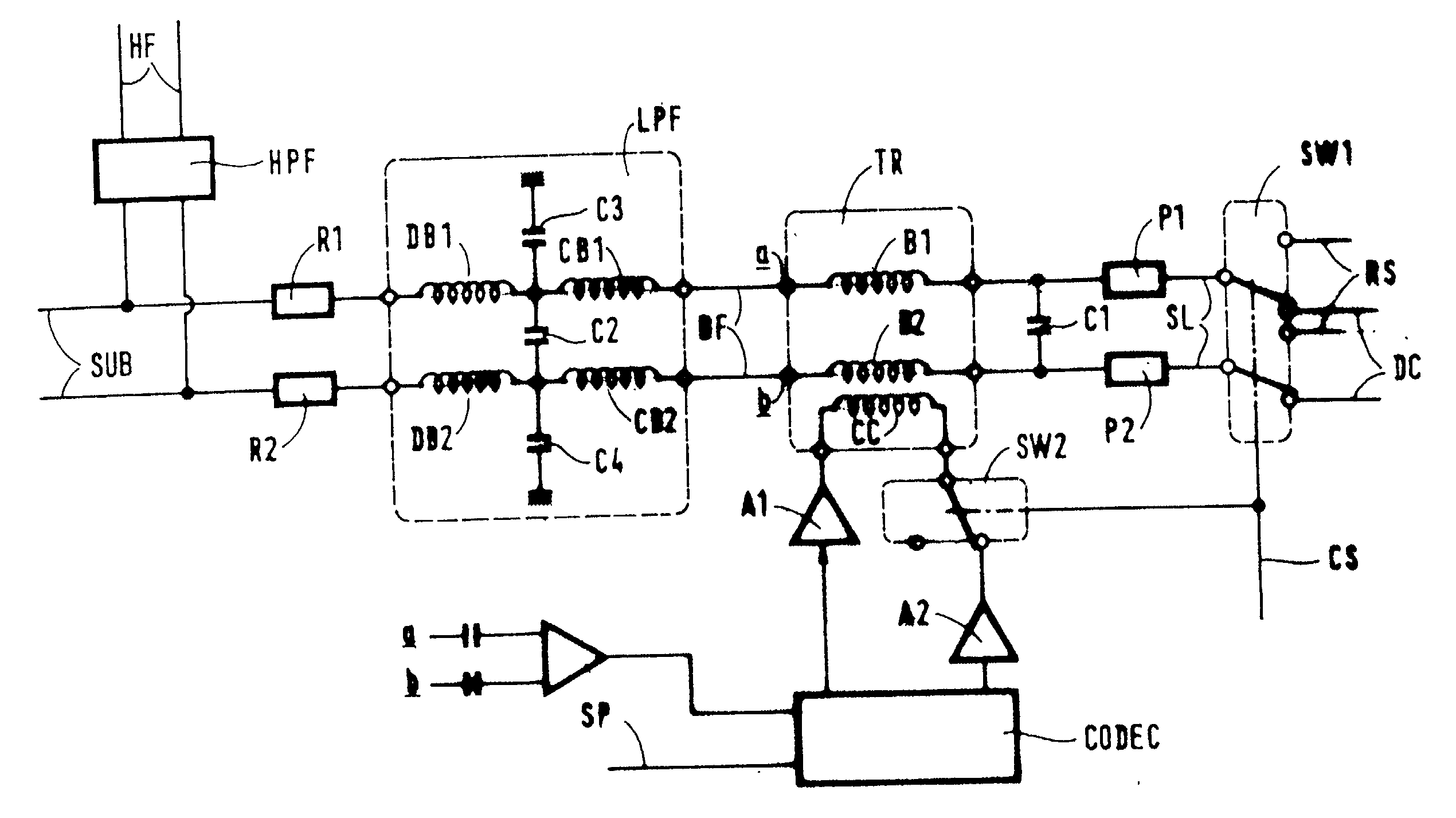 Device for connecting a subscriber line to a high frequency link and to a low frequency link