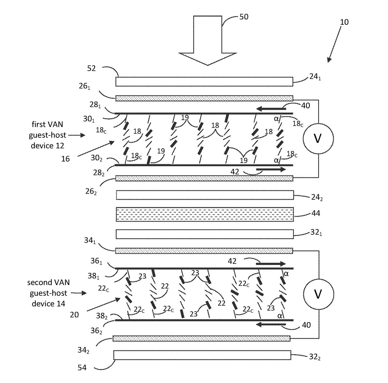 Electro-optic guest-host liquid crystal variable transmission filter with wide viewing angle