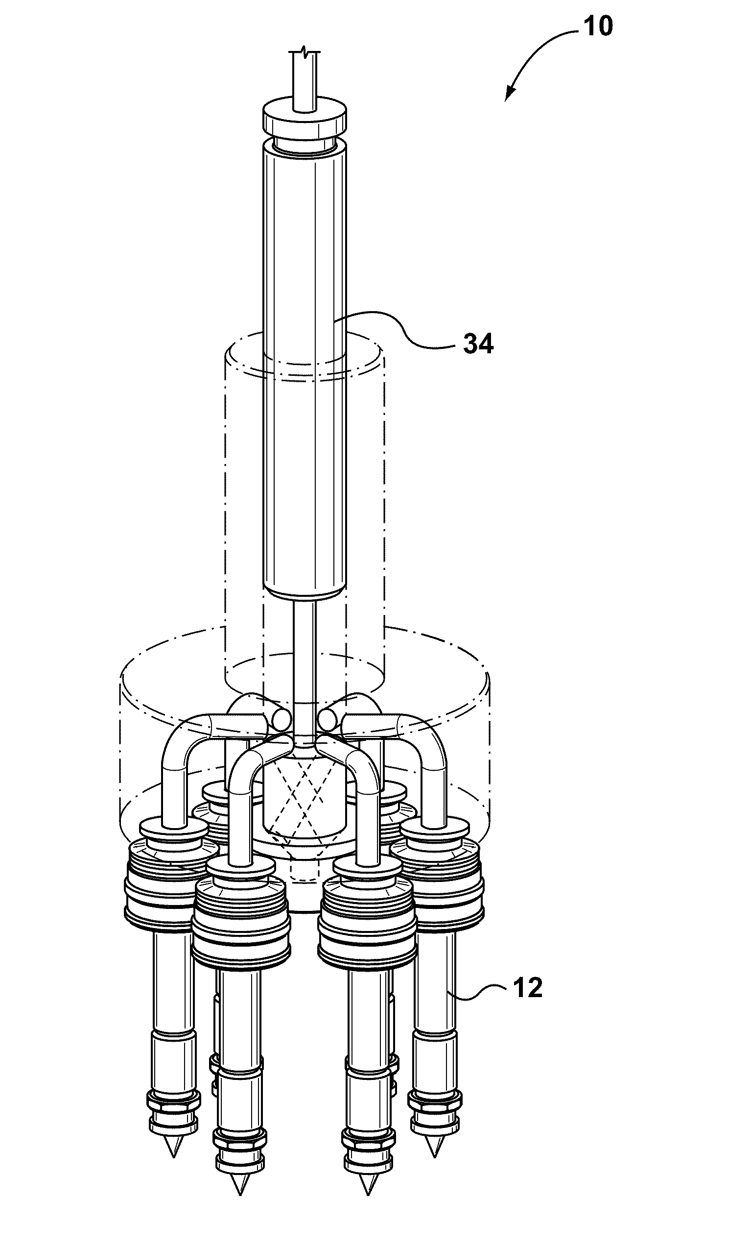 Shooting pot for feeding multiple nozzles