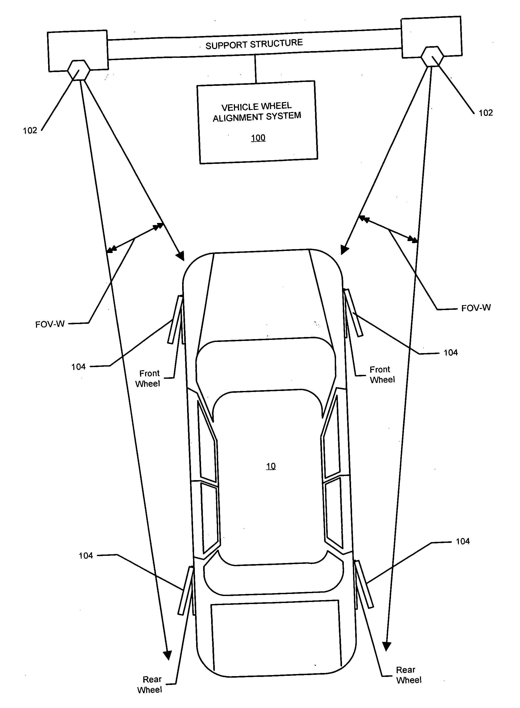 Vehicle wheel alignment system scanned beam imaging sensor