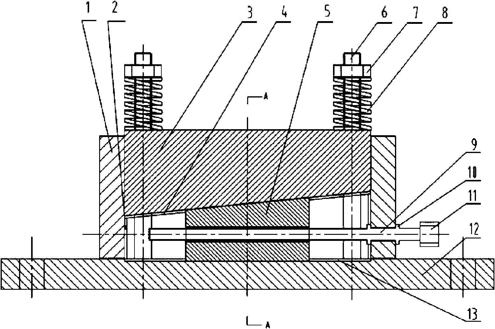 Device for adjusting elevation of bearing in rotating machinery on line