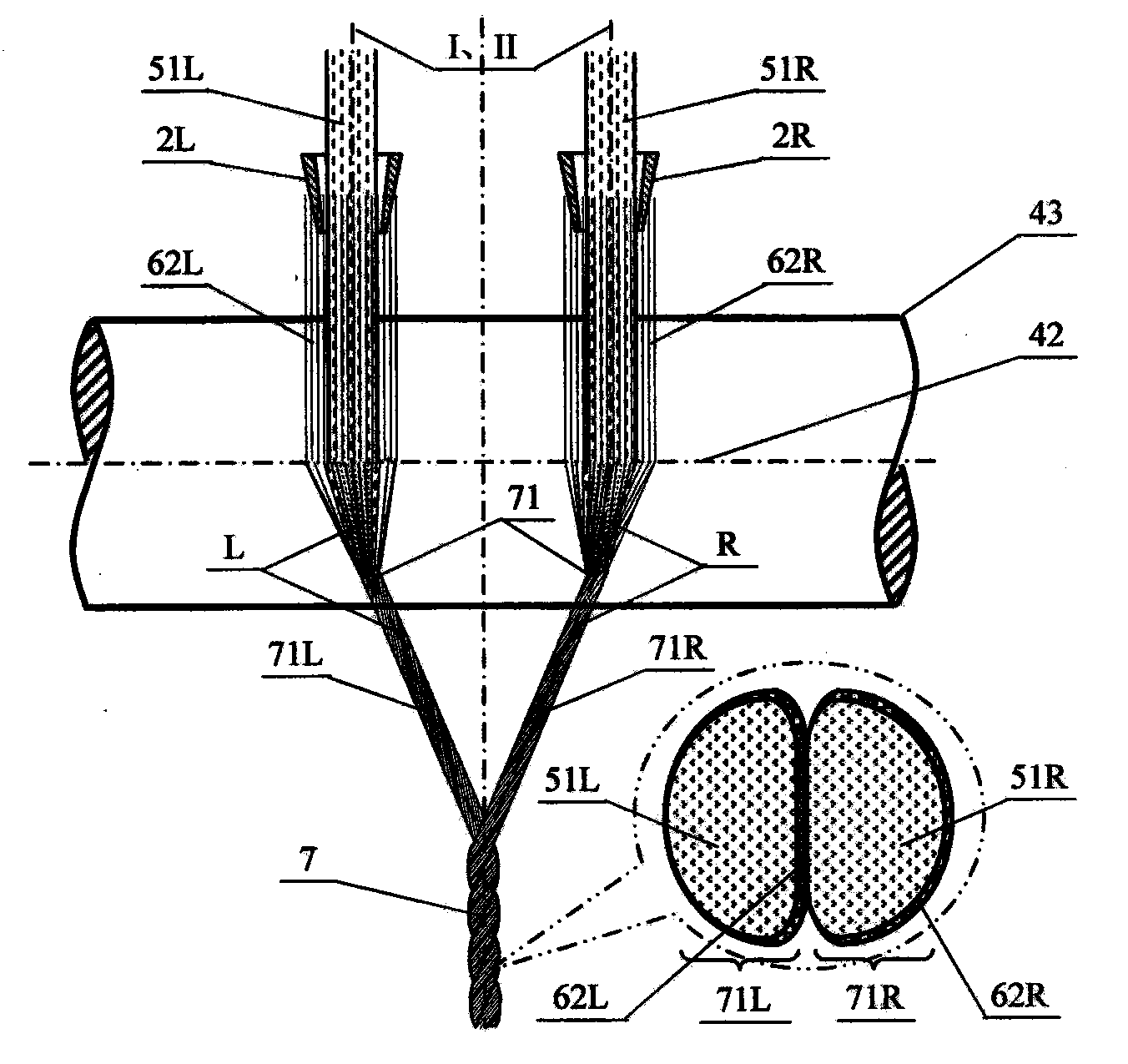 Silk net covering type 2*2 axis composite yarn, spinning method and application