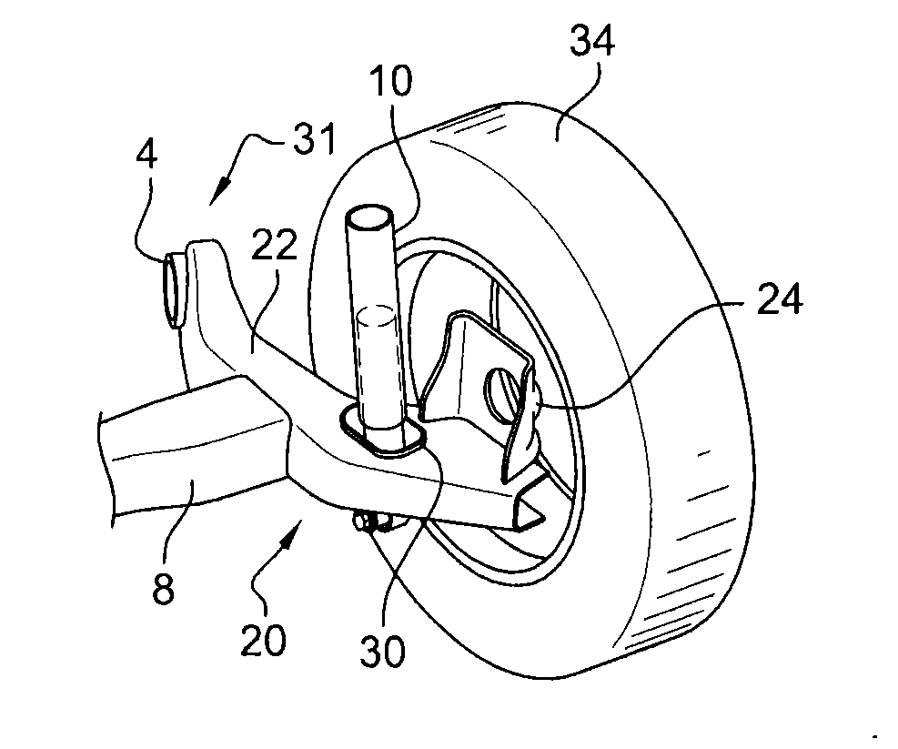 Motor vehicle rear train having a two arm suspension with a vertical opening