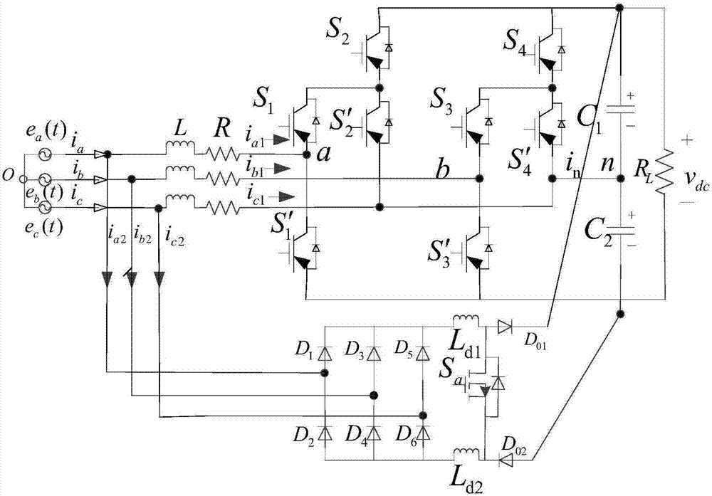 Three-phase two-bridge arm three-level mixed rectifier