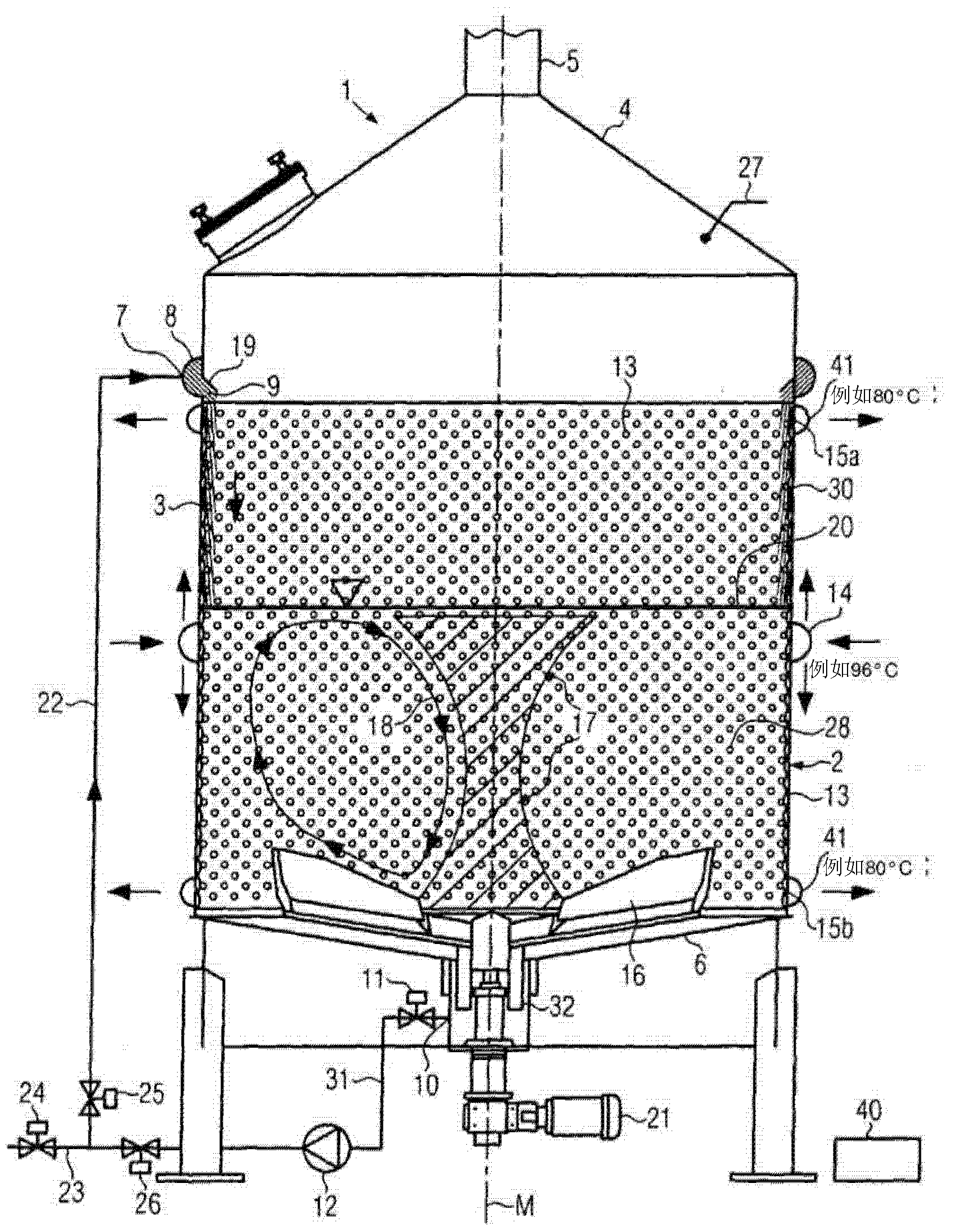 Method and device in particular for mashing in the production of beer