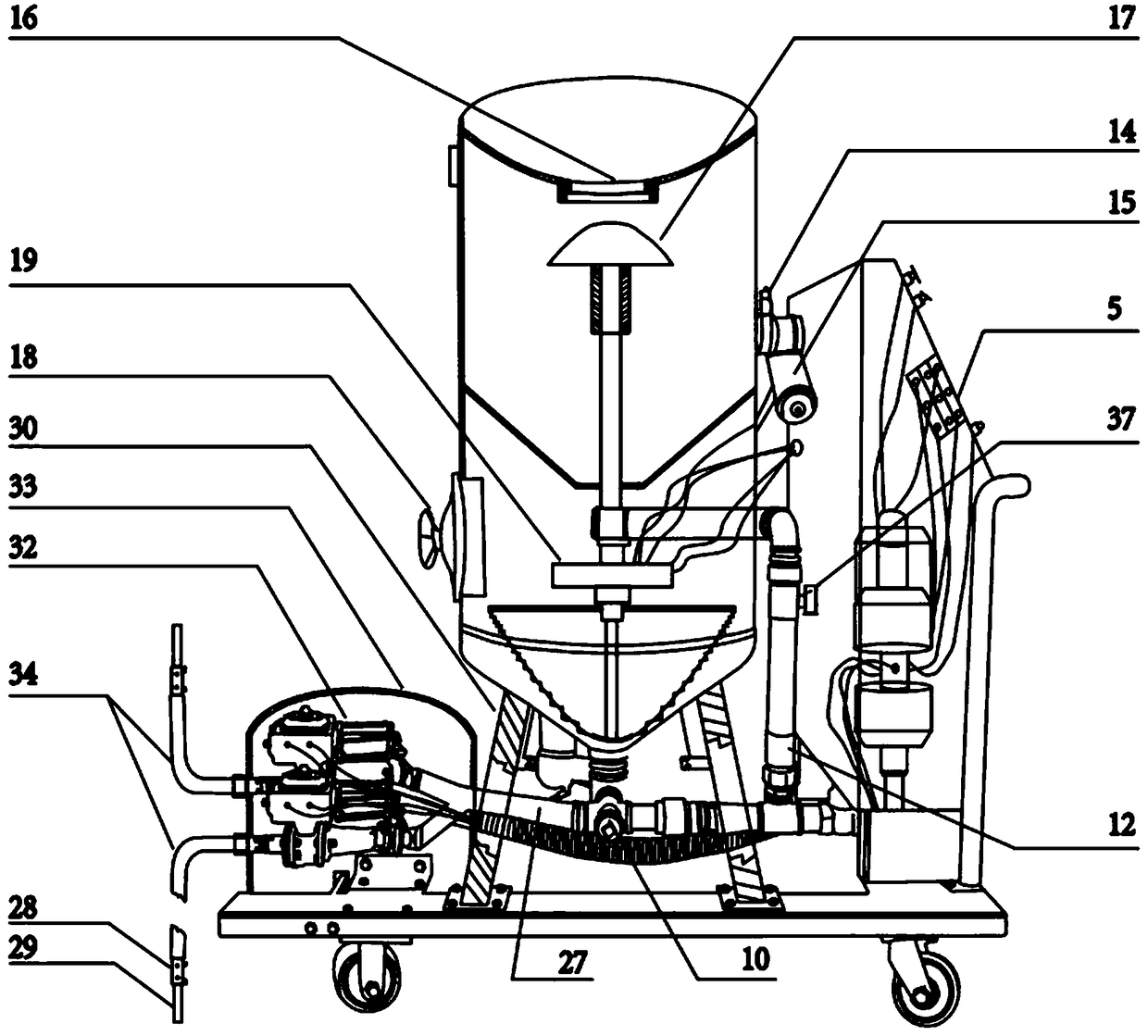 All-pneumatic sand blasting machine with multiple sand blasting guns