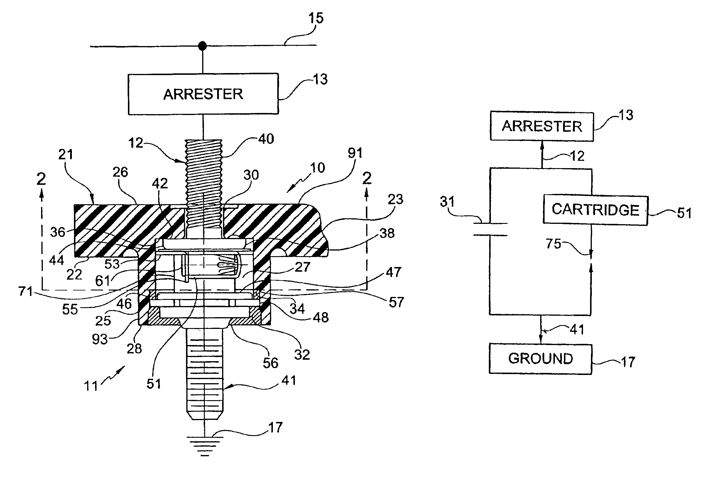 Arrester disconnector assembly having a capacitor