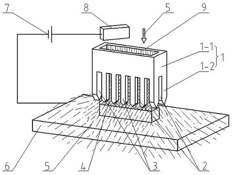 A nozzle for liquid beam electroforming of square-section metal structures