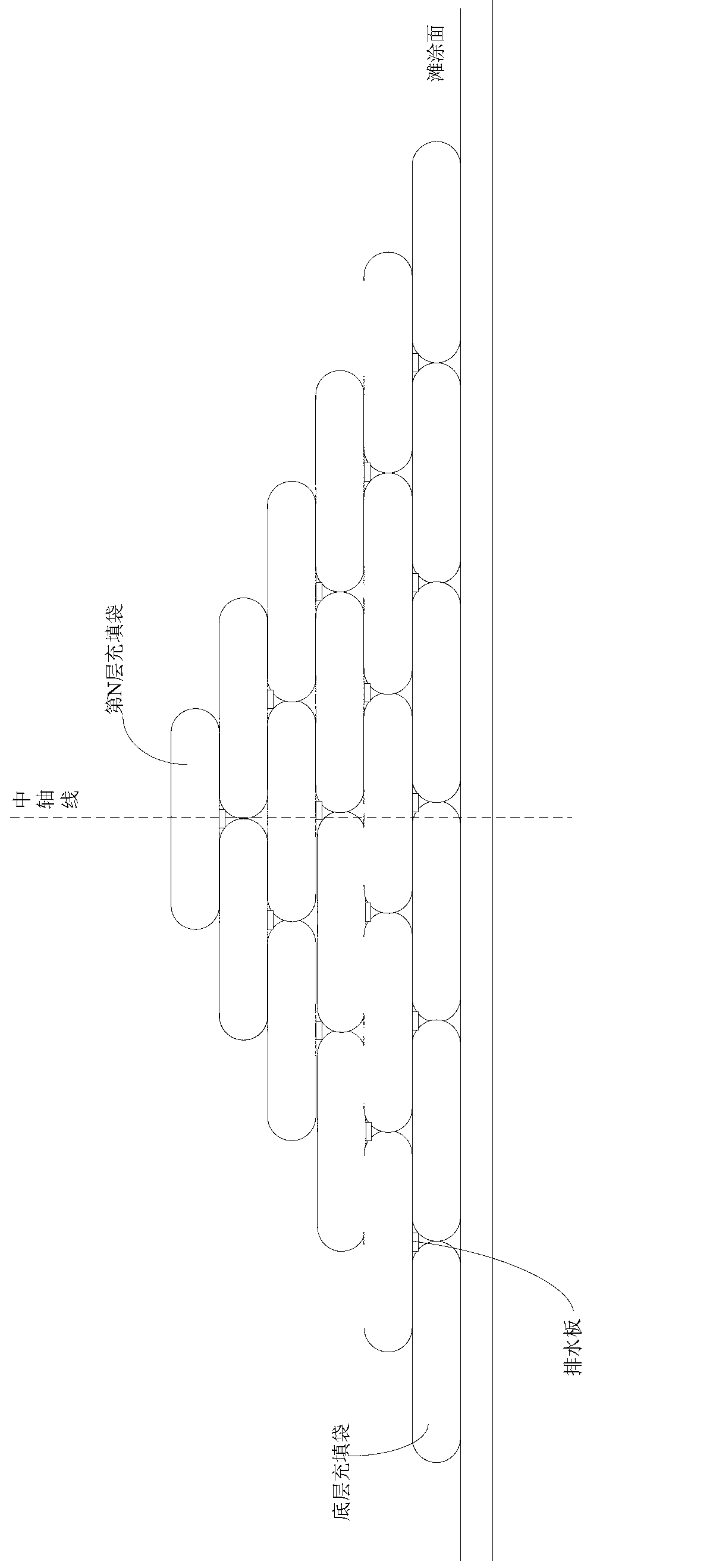 Construction method for embankment by using mucky soil filling bags