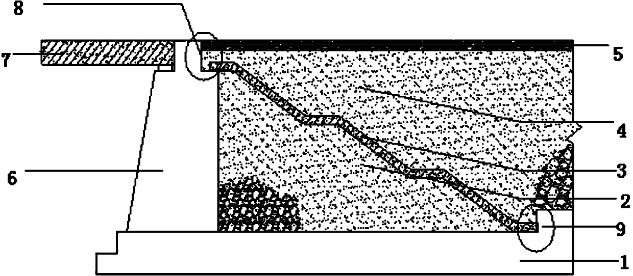 Stepped reinforced concrete slab capable of preventing abutment vehicle skips and construction method