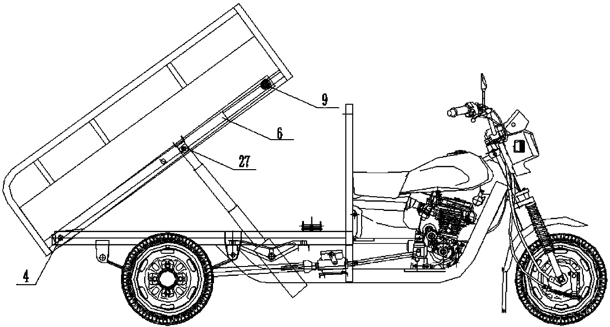 Tipping bucket self-unloading and lifting device and tricycle with device