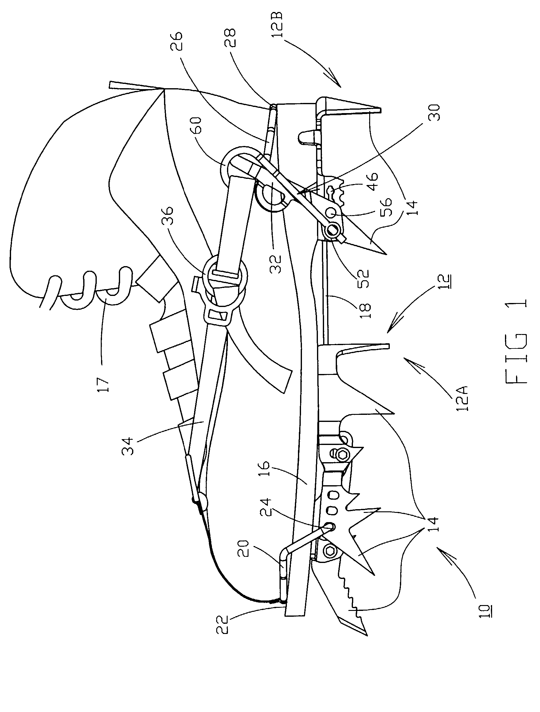 Ice crampon for mountain climbing fitted with a fastening device with a lateral operating lever