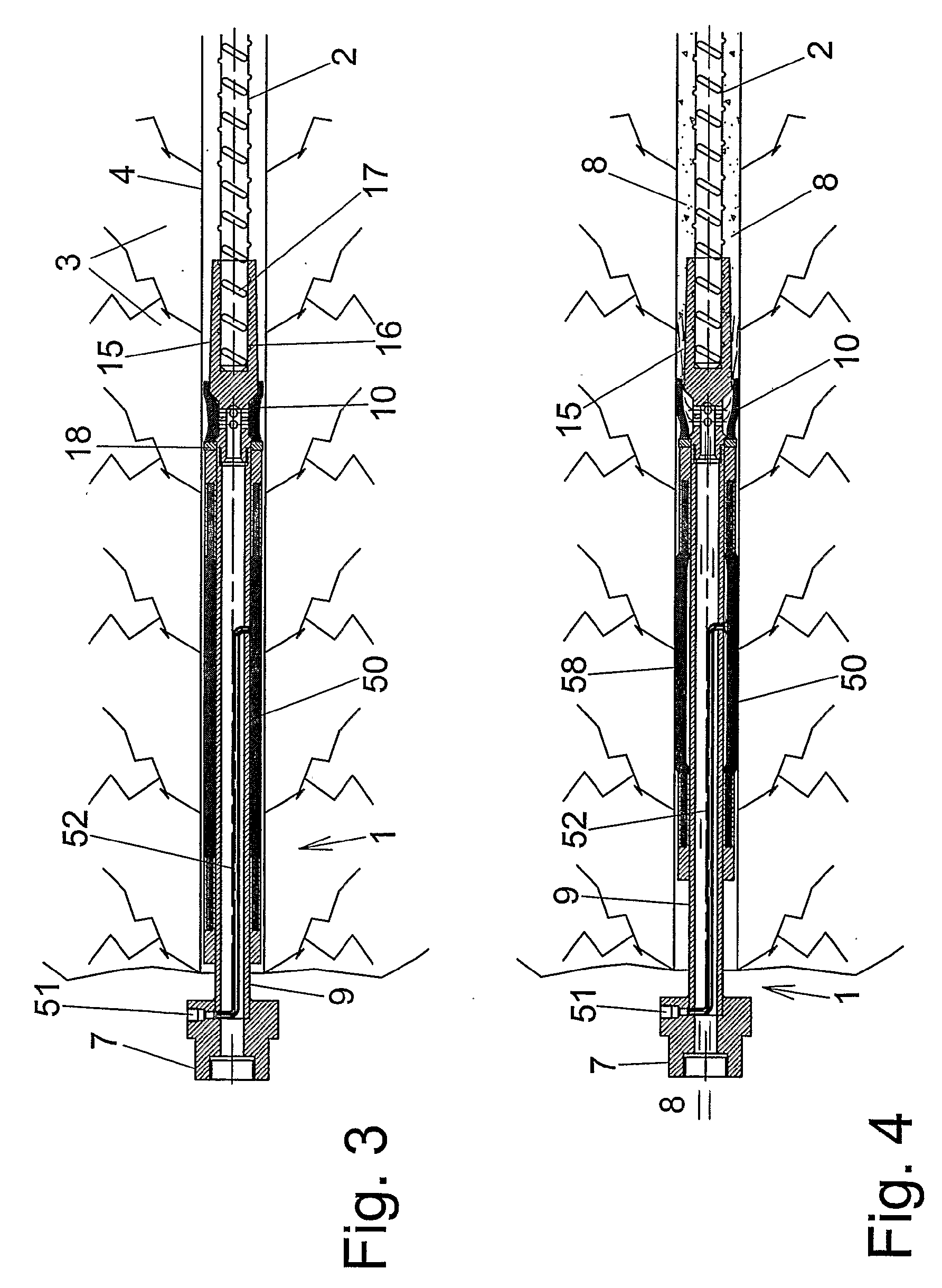 Arrangement for injecting and affixing a reinforcing or anchoring element in a rock wall