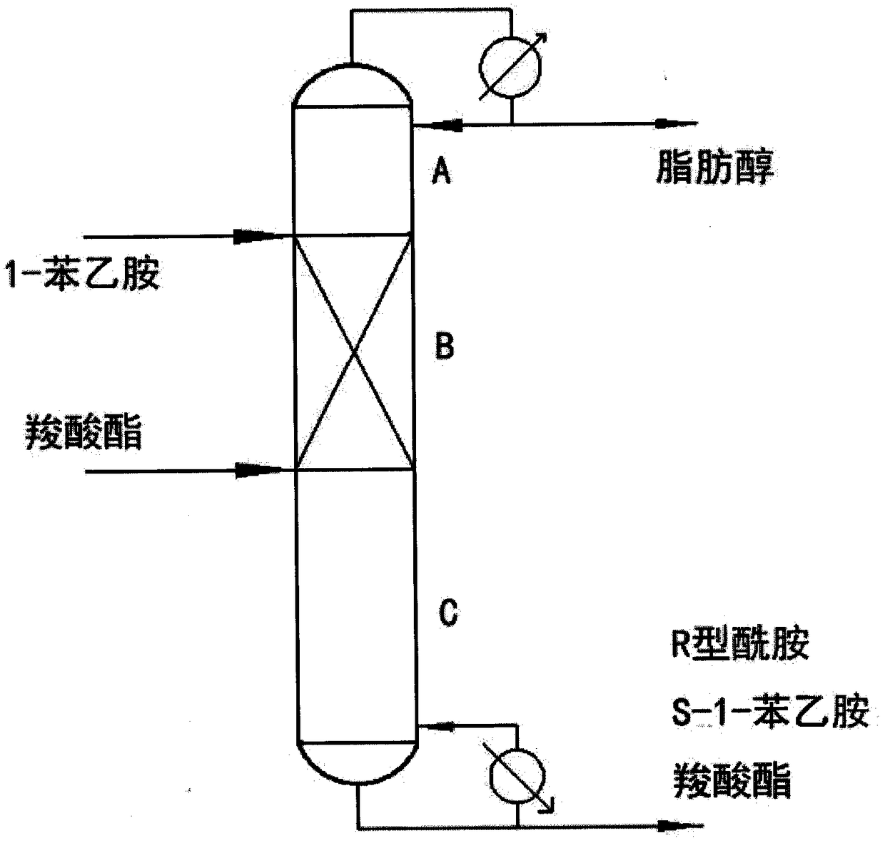 Catalytic rectification process and device for chiral resolution of 1-phenylethylamine by using lipase