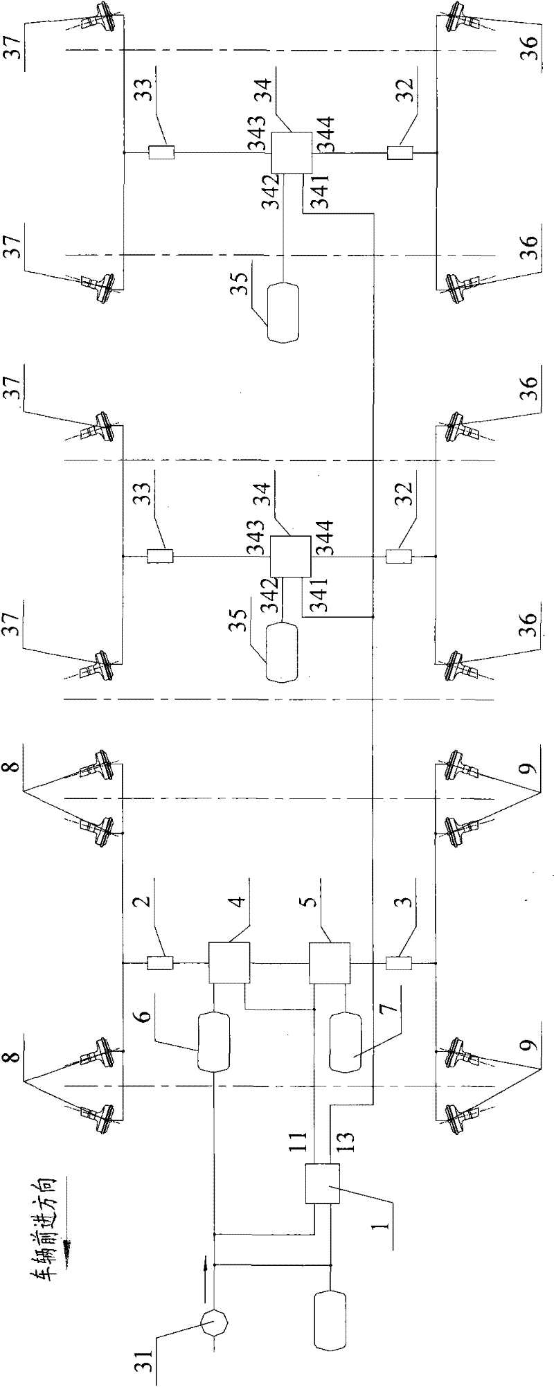 Air pressure brake unit and multi-shaft automobile chassis with same